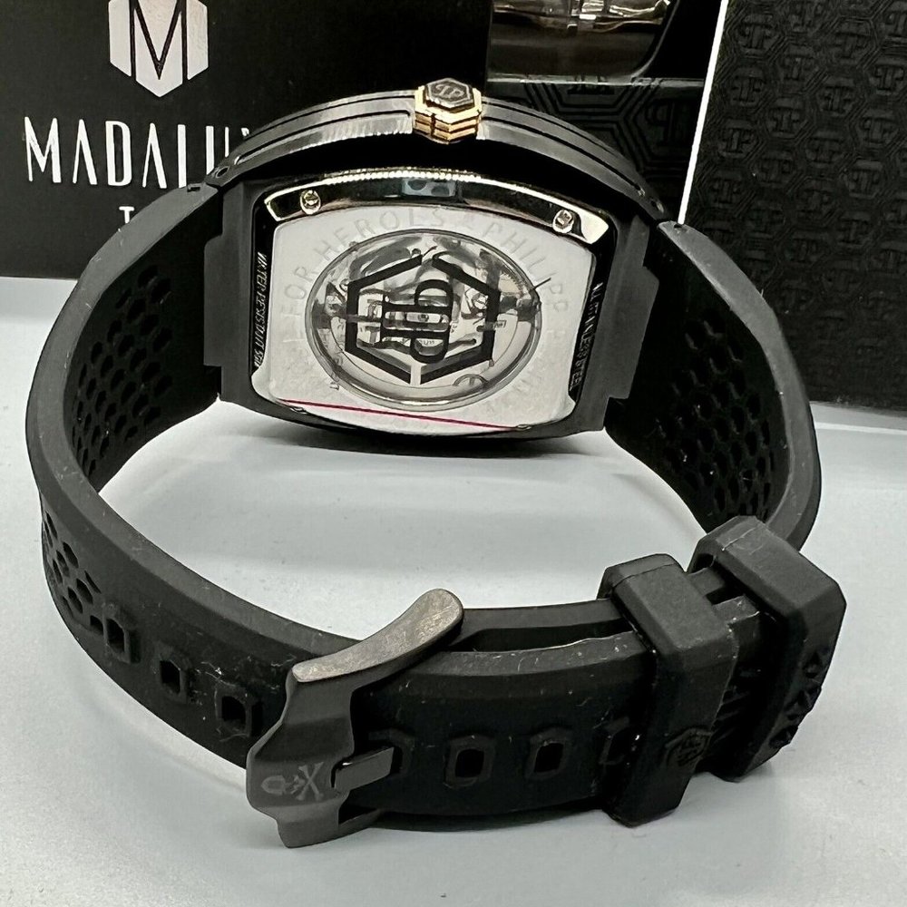 PHILIPP PLEIN Men's Automatic The $keleton Black & Gold-Tone Tonneau Strap Watch - Picture 6 of 9